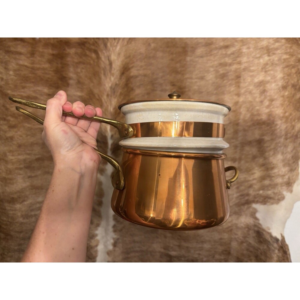 Vintage Taurus Portugal Copper Double Boiler Sauce Pan Pot Brass Handles Lid